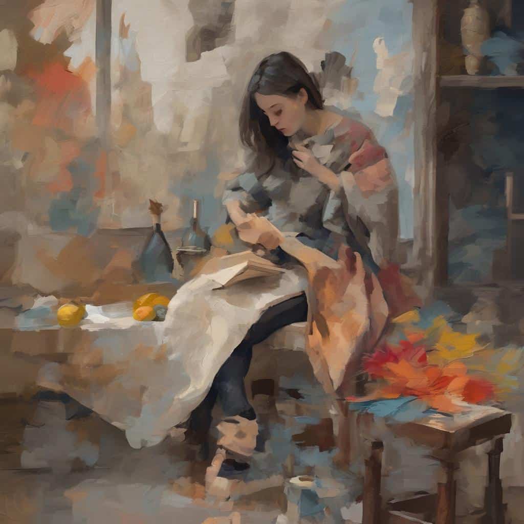 Καλλιτεχνικό πορτρέτο γυναίκας σε εσωτερικό χώρο, δημιουργώντας τέχνη και αίσθηση υφής με ζωγραφική τεχνική, ενισχύοντας την εικαστική δημιουργία και την αισθητική έκφραση.
