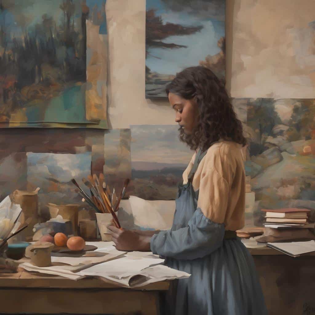 Γυναίκα καλλιτέχνης με καμβάδες και πινέλα σε στούντιο τέχνης, εξερευνούσε την υφή στην εικαστική δημιουργία, δημιουργώντας πίνακες με εντυπωσιακές υφές και χρώματα, προβάλλοντας την τέχνη και την αισθητική της τέχνης.