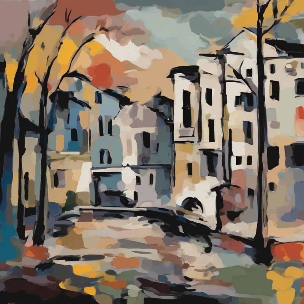 Παραδοσιακή εικαστική δημιουργία με έμφαση στην υφή σε αστικά τοπία και αφαίρεση, εκφράζοντας την τέχνη μέσω έντονων χρωμάτων και υφής.