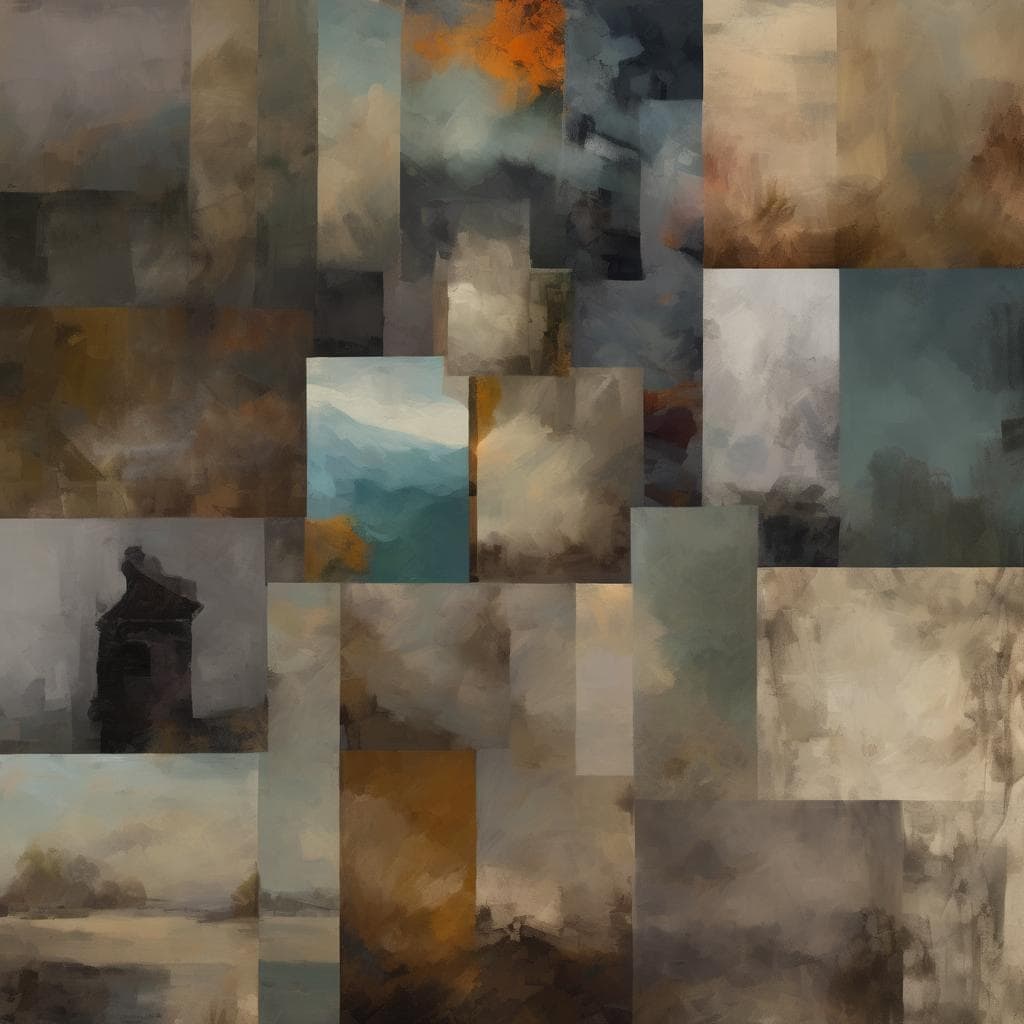 Σύνθετο έργο τέχνης με αμφίσημη υφή, ζωγραφική μοντέρνας εικαστικής δημιουργίας, πλούσια σε γκρι, μπλε και καφέ τόνους, εκφράζει την υφή στην εικαστική δημιουργία και την τέχνη της ζωγραφικής.