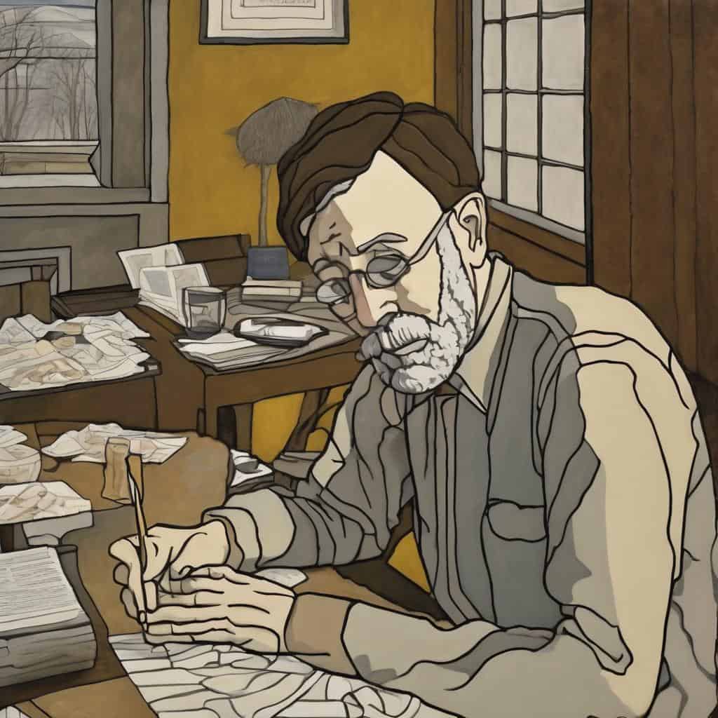 Φωτογραφία ενός άνδρα γραφίστα ή συγγραφέα, που εργάζεται σε ένα γραφείο με έπιπλα και βιβλία, με έμφαση στη δημιουργική διαδικασία και την υφή στην εικαστική δημιουργία.