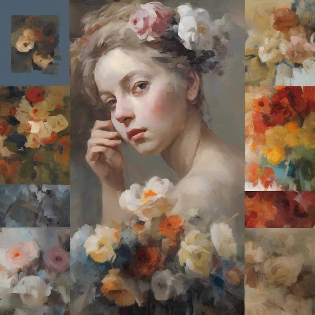 Ομορφιά και ευαισθησία σε ελαιογραφία με γυναικεία πορτραίτα και ανθοσυνθέσεις, που αναδεικνύουν την υφή στην εικαστική δημιουργία.