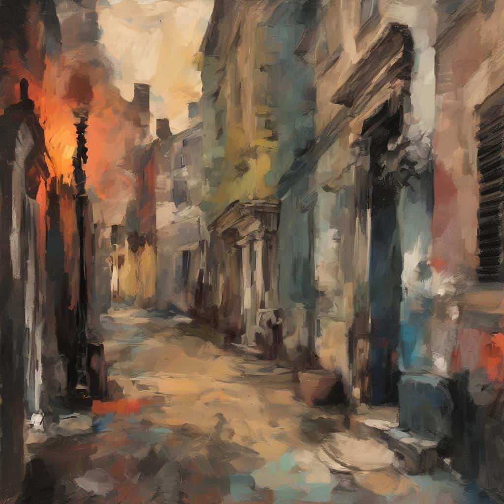 Αρχιτεκτονική εικαστική υφή σε οδόγραφο με ζωγραφική υφή, εκφραστικό ύφος και χρωματική παλέτα, δημιουργία καλλιτεχνικής σύνθεσης, τέχνη και αισθητική σε αστικό τοπίο.